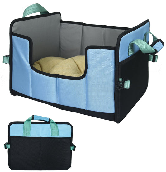 Pet car seat cover with blue interior and black exterior on a white background