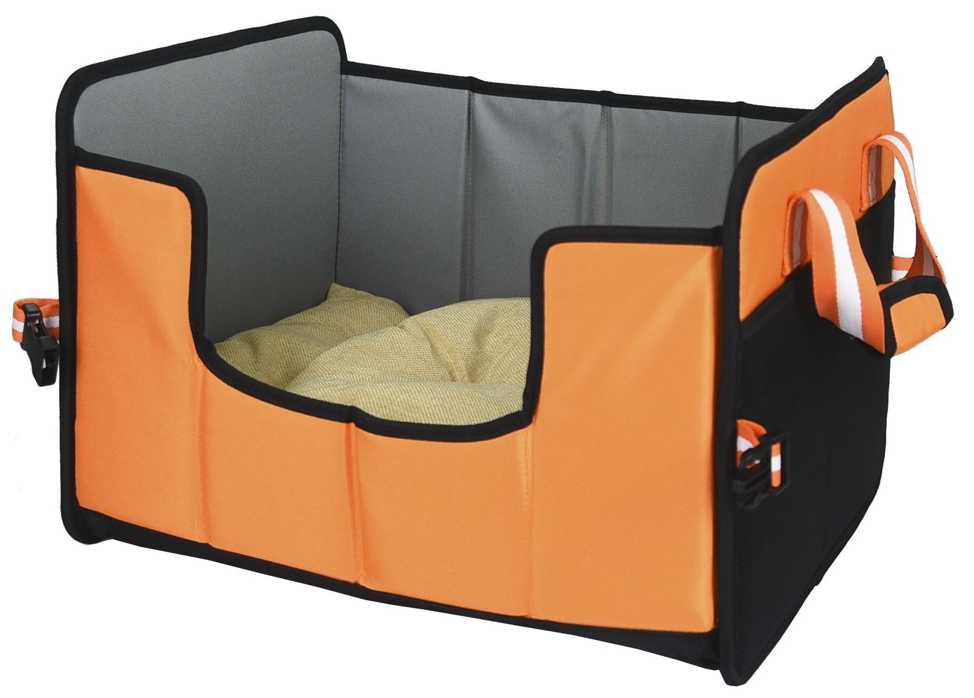 Orange and gray pet travel crate with a cushion inside on a white background