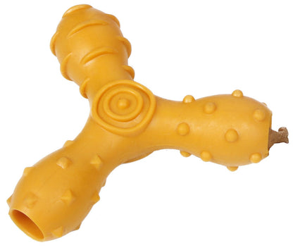 Yellow dog toy with a unique design on a white background