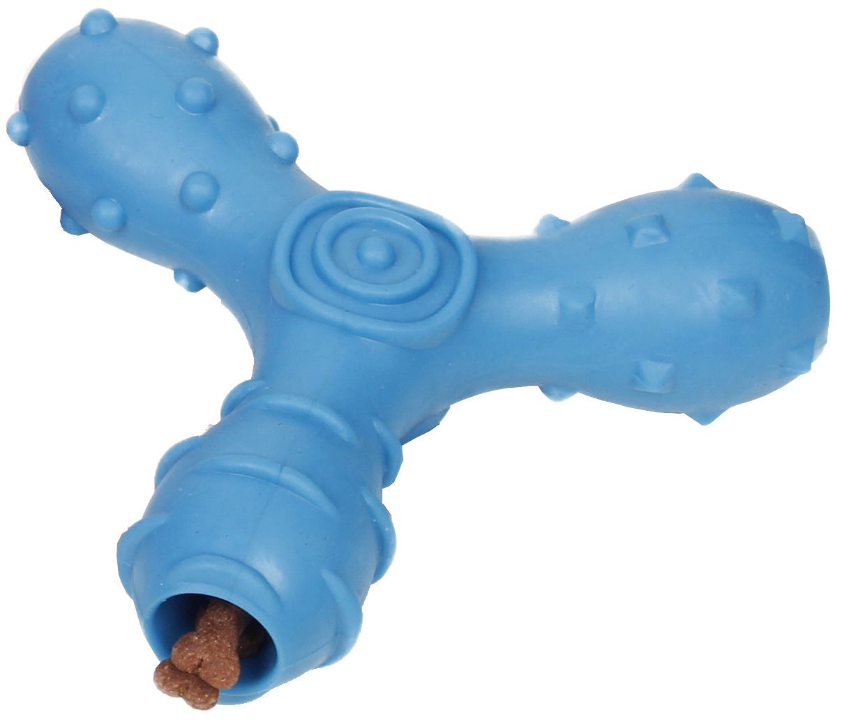 Blue dog toy with textured surface on a white background