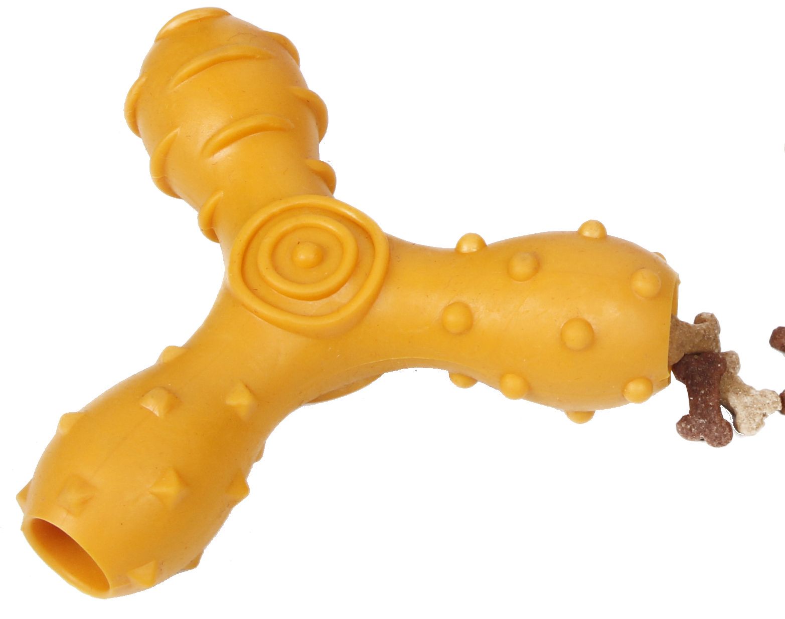 Yellow dog toy with textured surface on a white background