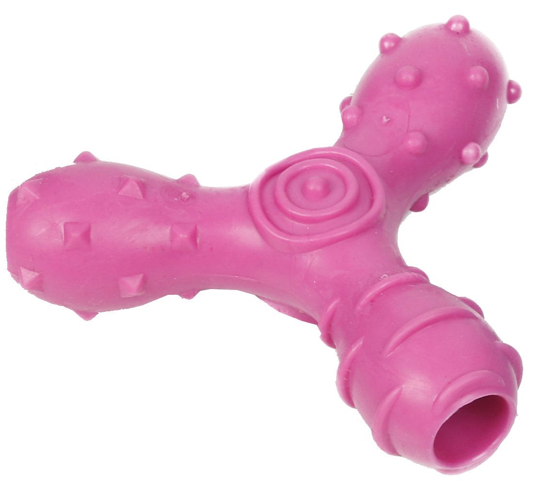 Pink dog toy with textured surface on a white background