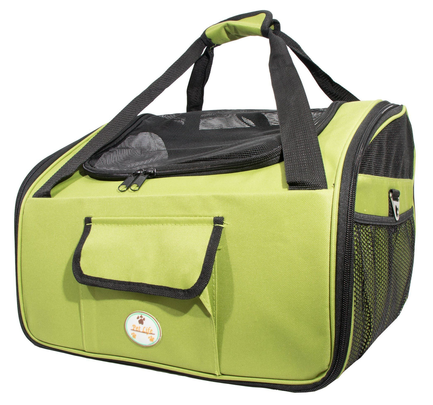 Green pet carrier with black handles and mesh sides on a white background