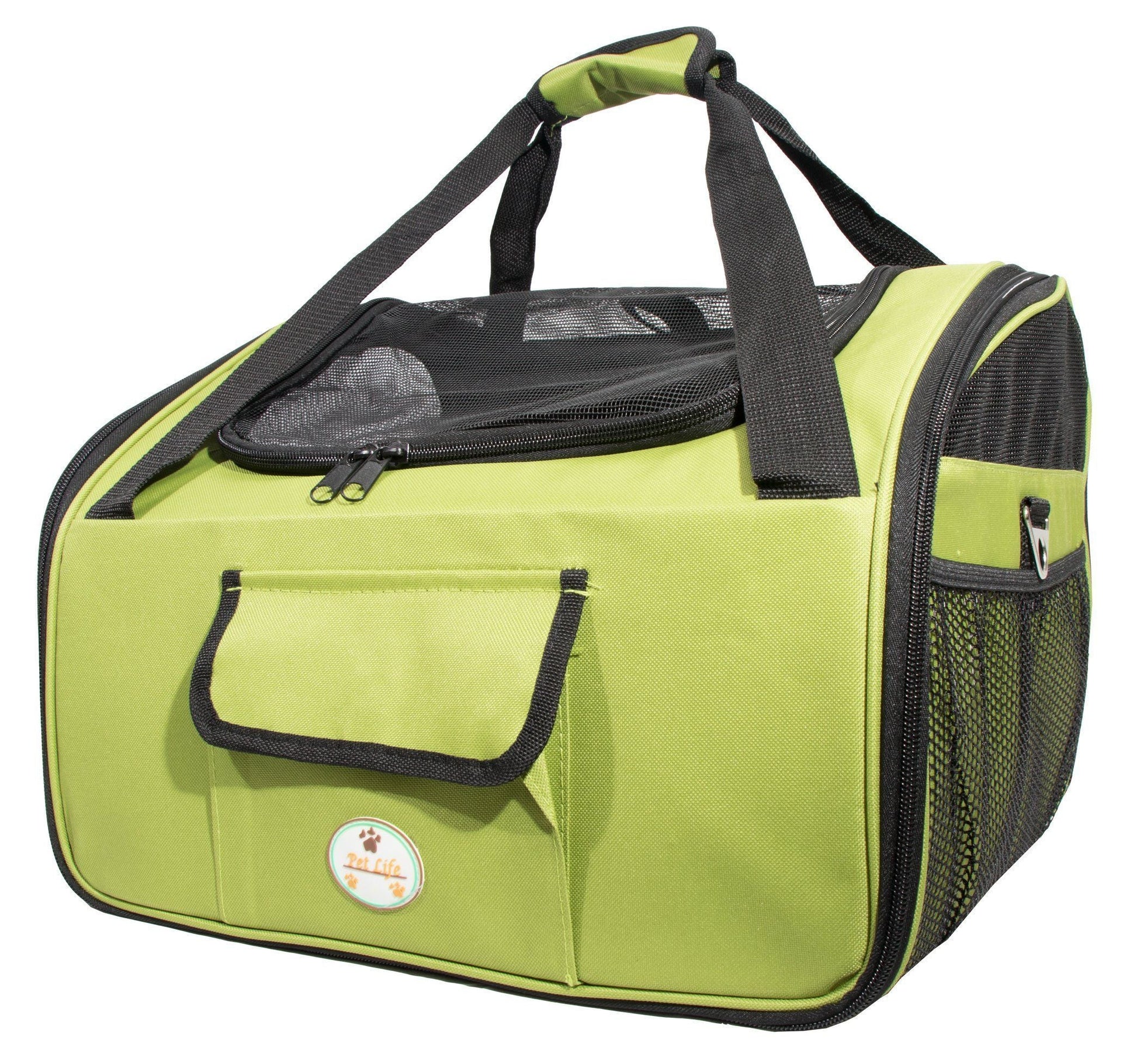 Green pet carrier with black handles and mesh sides on a white background