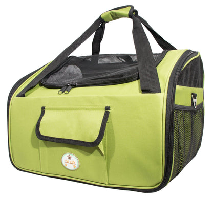 Green pet carrier with black handles and mesh sides on a white background