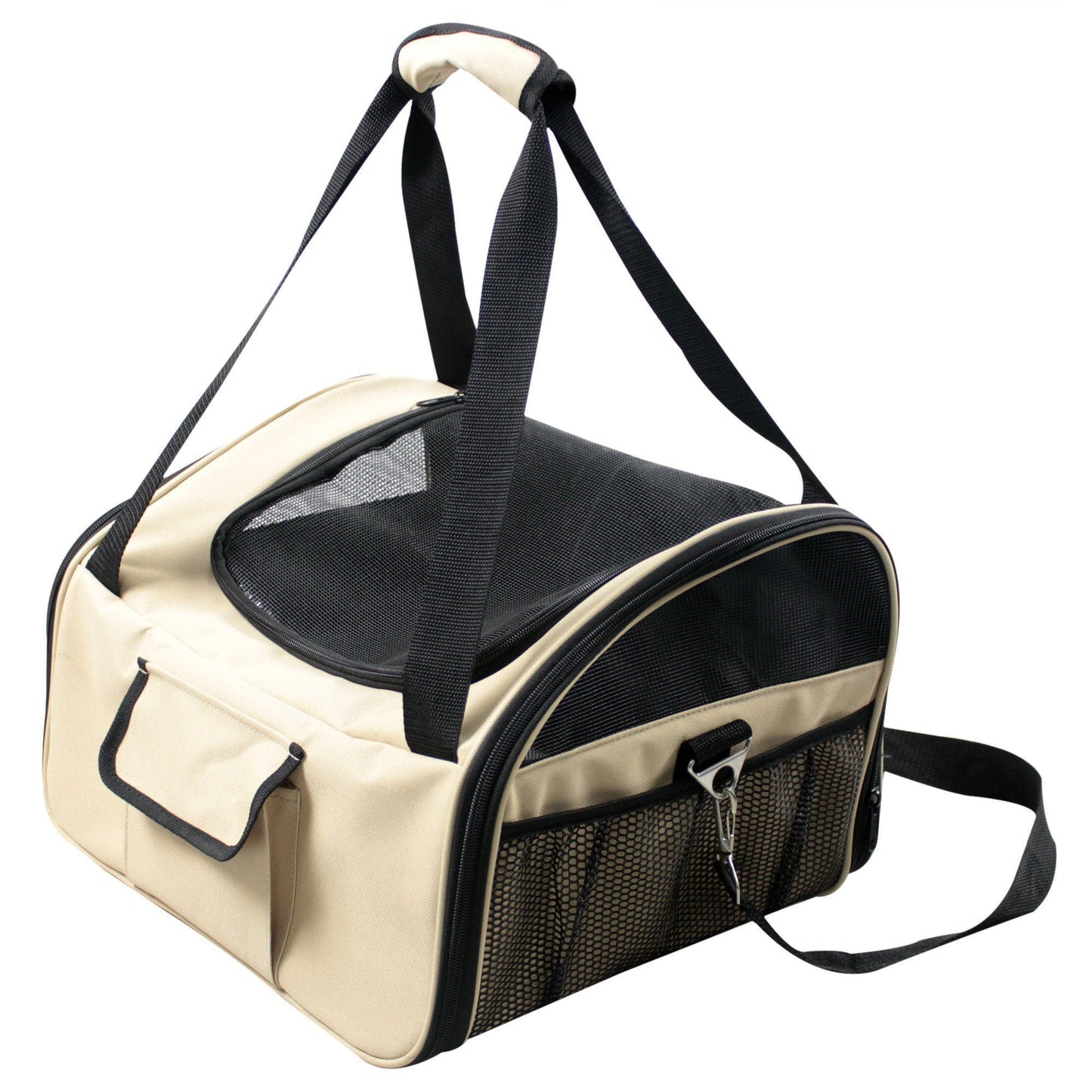 Beige and black pet carrier with mesh sides on a white background