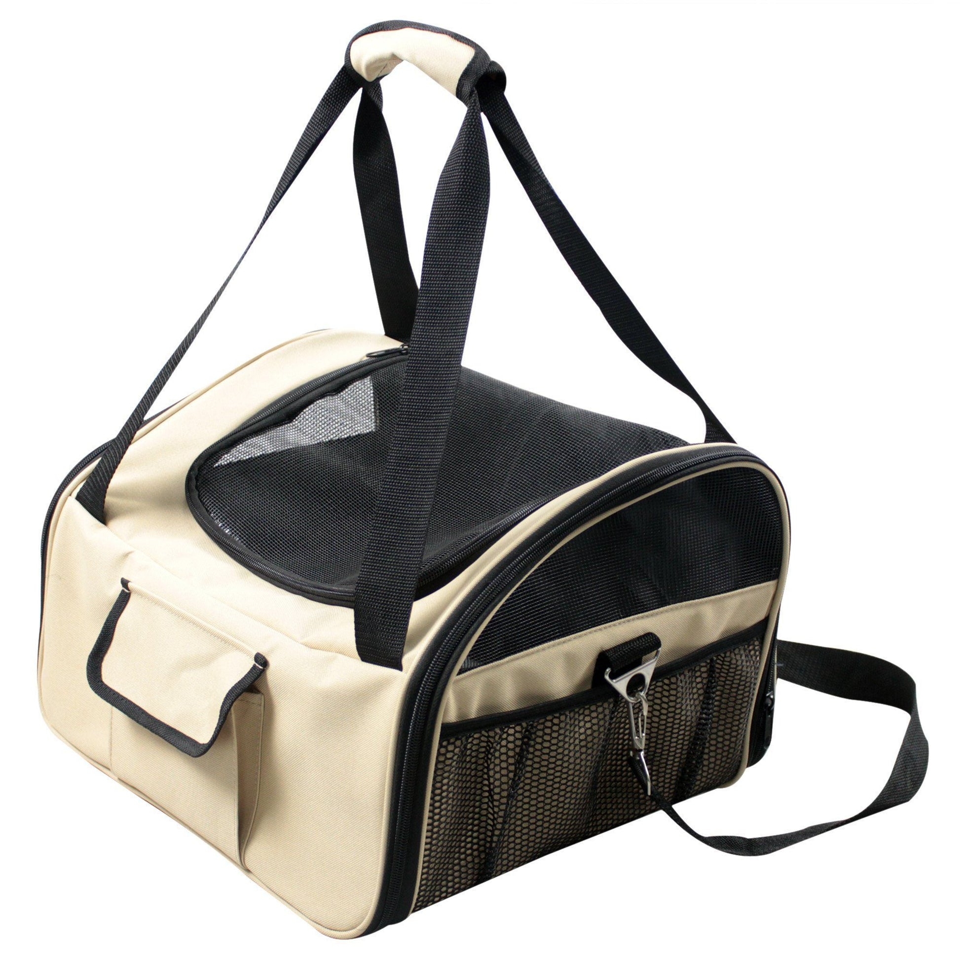 Beige and black pet carrier with mesh sides on a white background