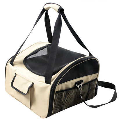Beige and black pet carrier with mesh sides on a white background
