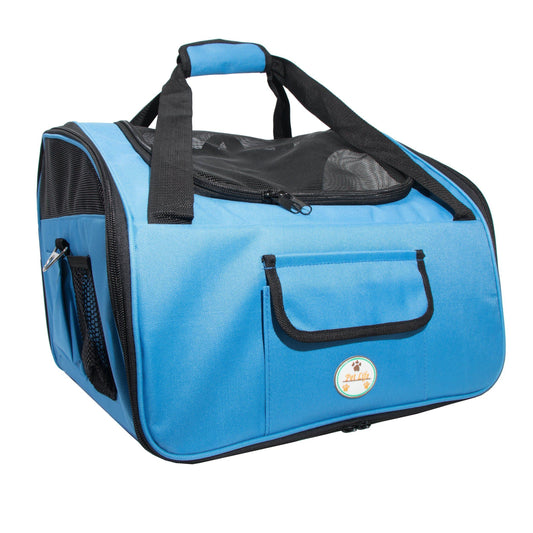 Blue pet carrier with black straps on a white background