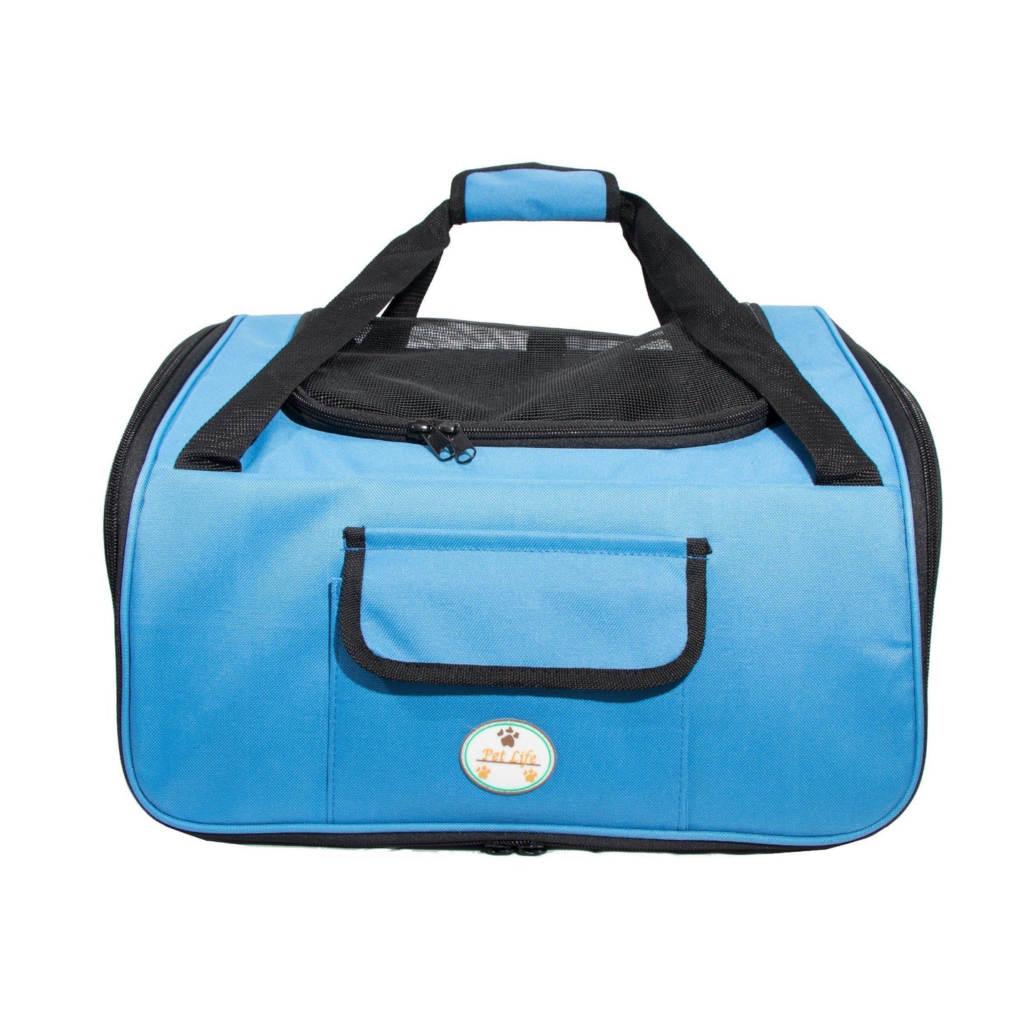 Blue pet carrier with black handles on a white background