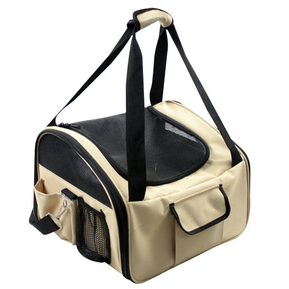 Beige pet carrier with black accents on a white background