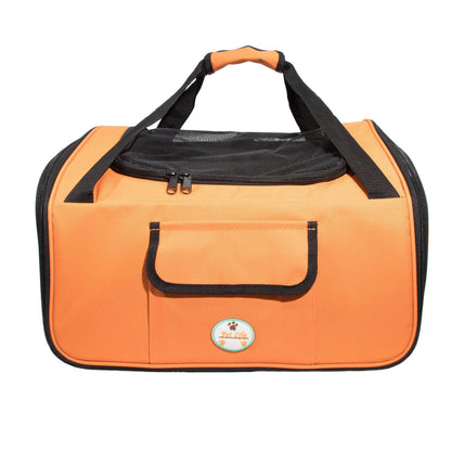 Orange pet carrier with black handles and trim on a white background