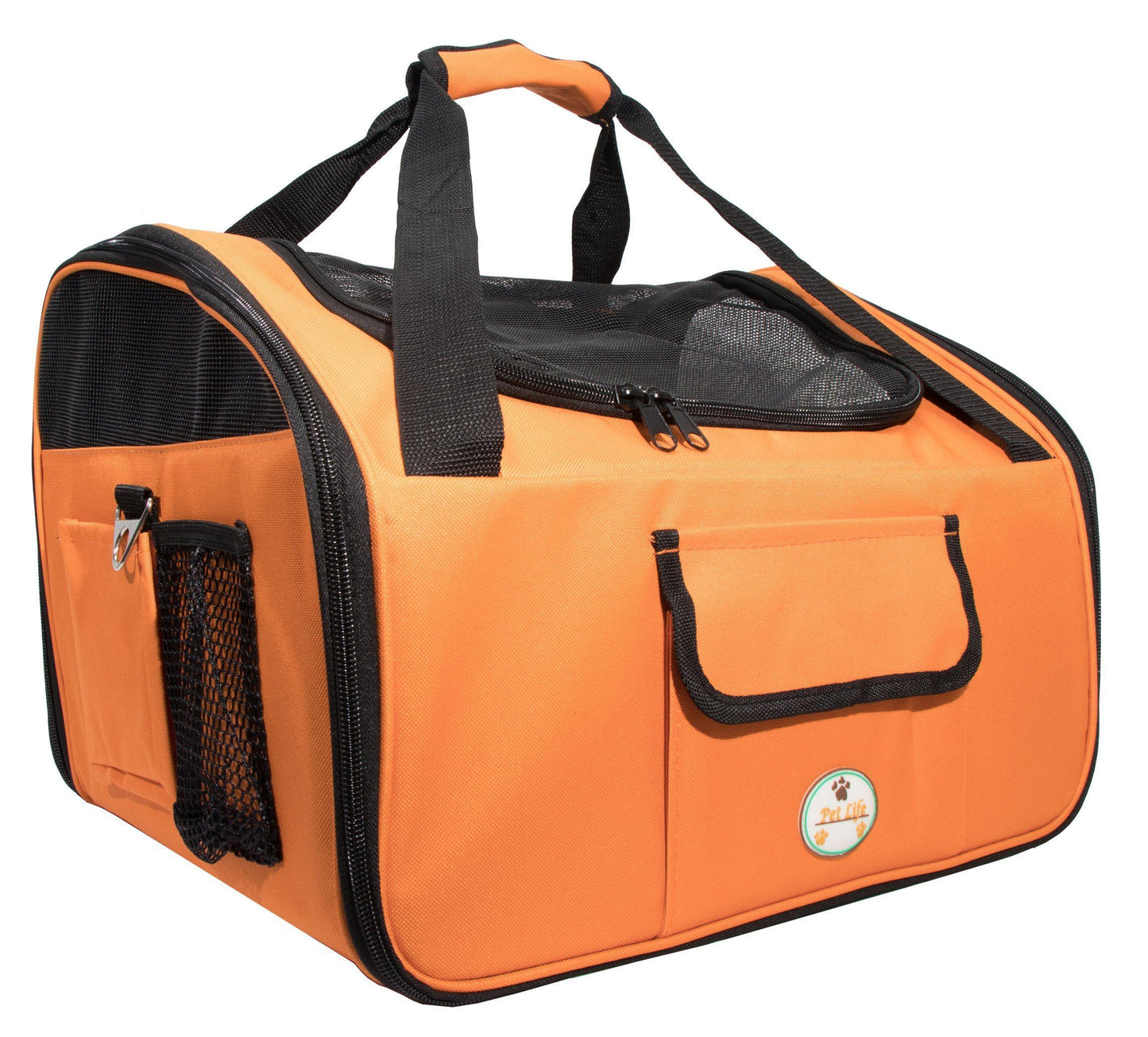 Orange pet carrier with black accents on a white background