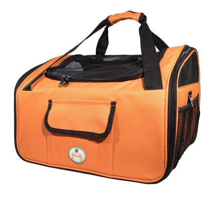 Orange pet carrier with black handles and mesh side on a white background