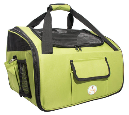 Green pet carrier with black straps on a white background