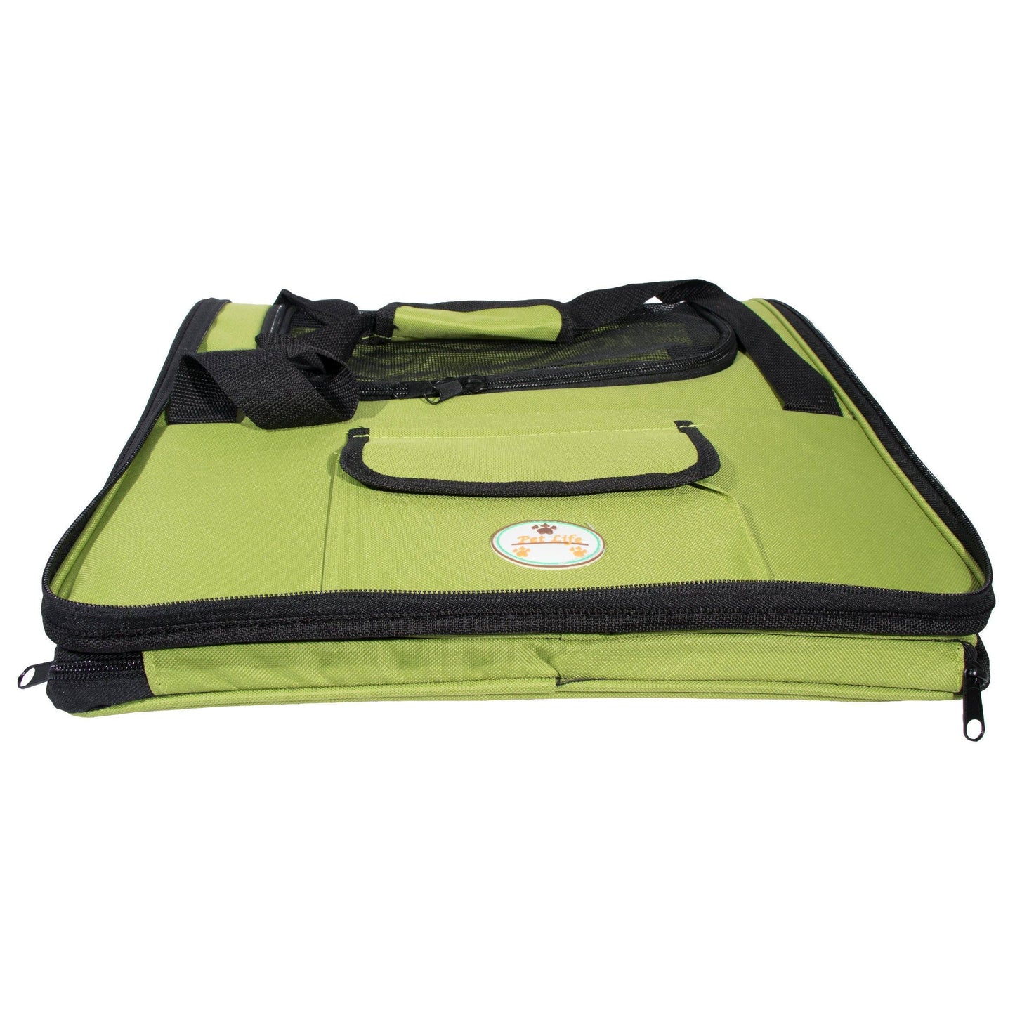 Green pet carrier with black trim on a white background