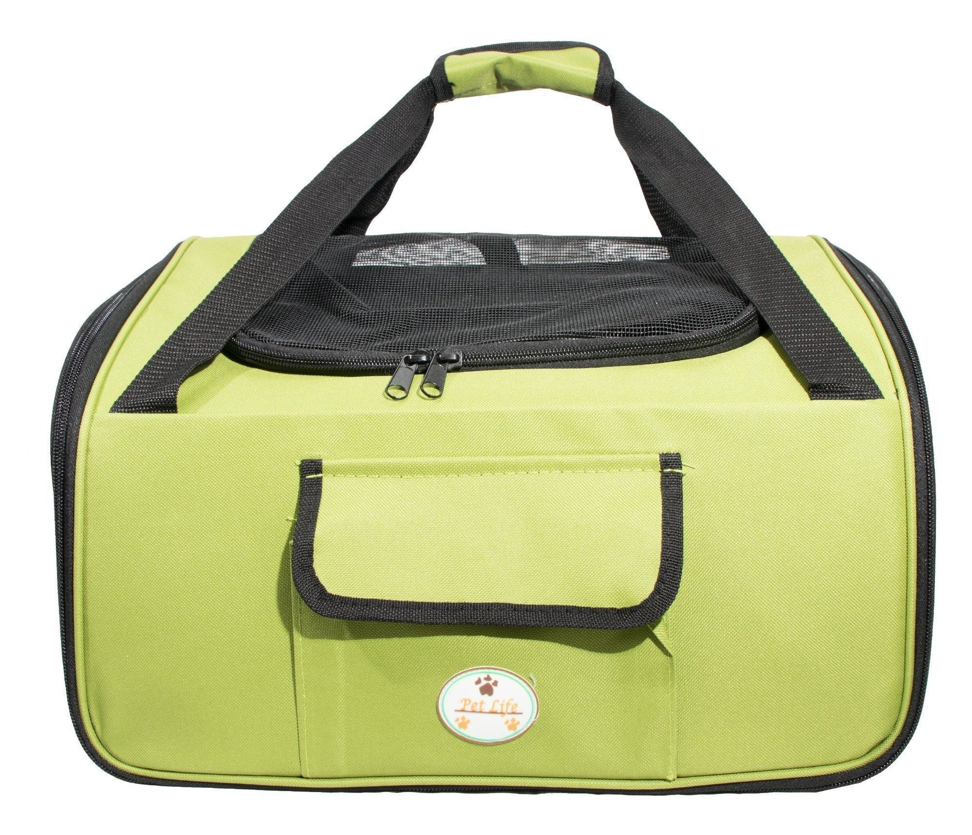 Green pet carrier with black handles on a white background