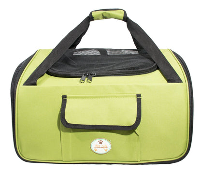 Green pet carrier with black handles on a white background
