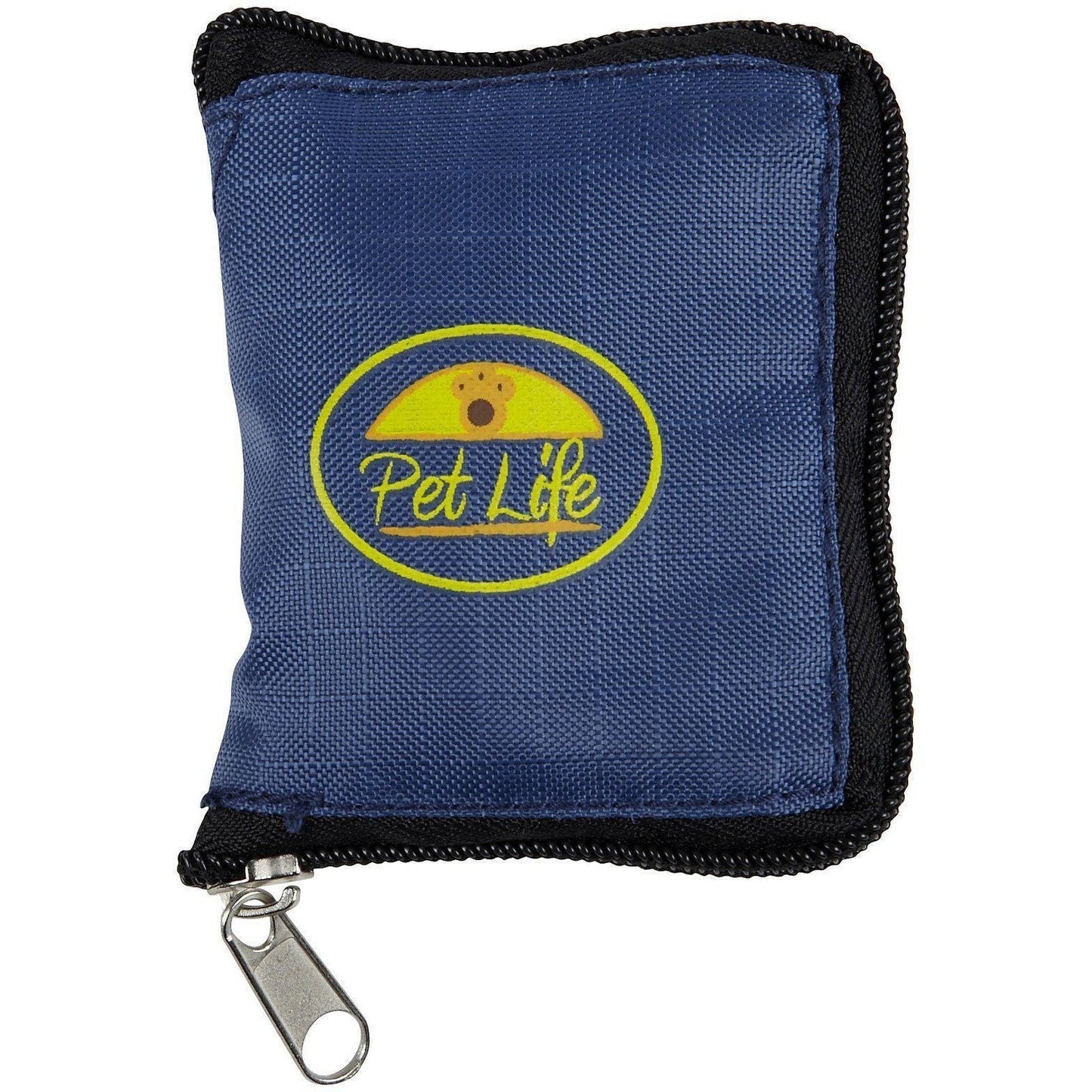 Blue pouch with 'Pet Life' logo on a white background