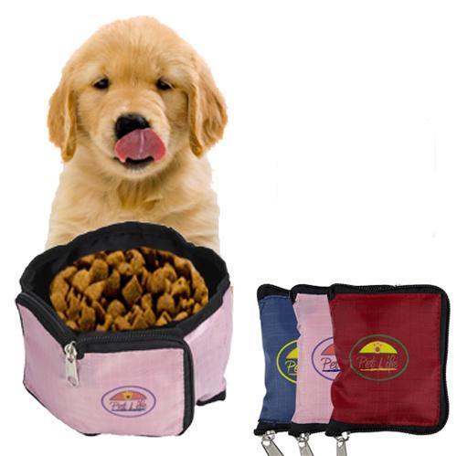 Dog with a bowl of treats and three portable pet food bags on a white background