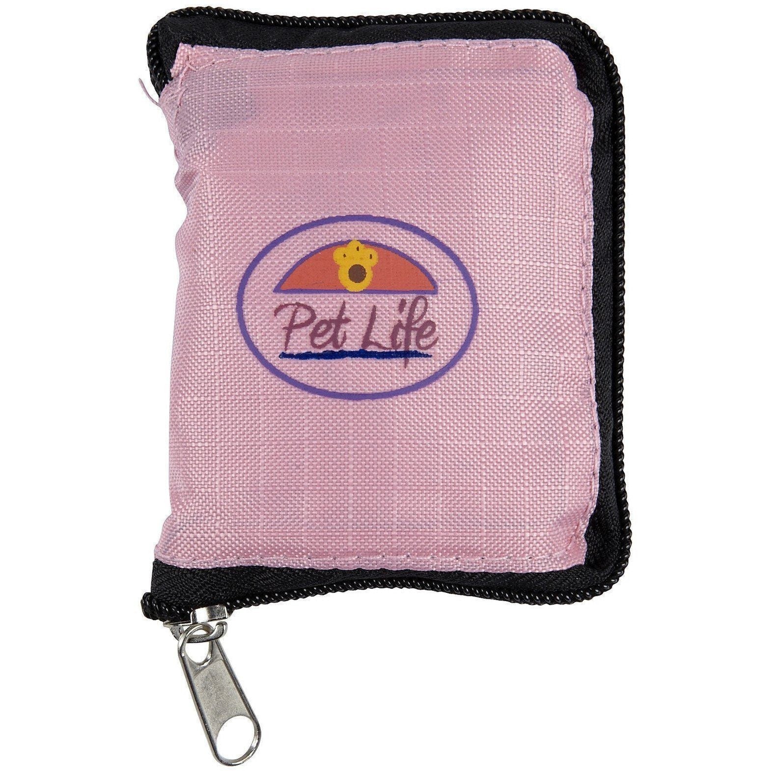 Pink pouch with 'Pet Life' logo on a white background