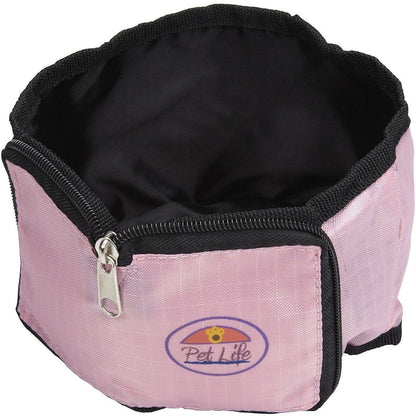 Pink pet bowl with black interior and 'Pet Life' logo on a white background