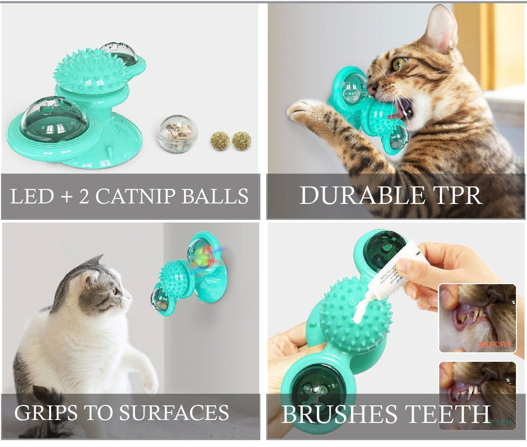 Teal pet toy with LED lights and camping balls, shown in use on a cat.
