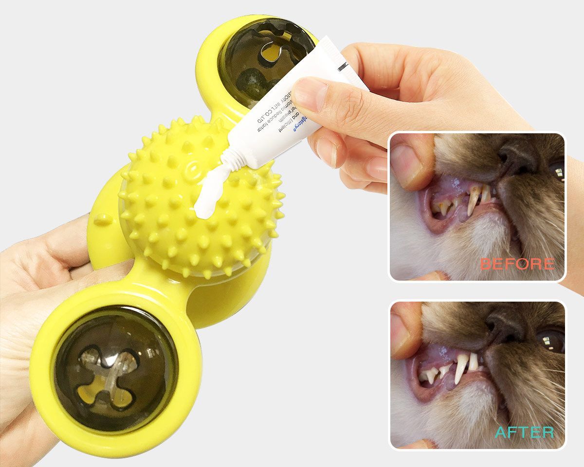 Yellow dental cleaning tool with a tube of paste, used on a dog's teeth with 'Before' and 'After' images.