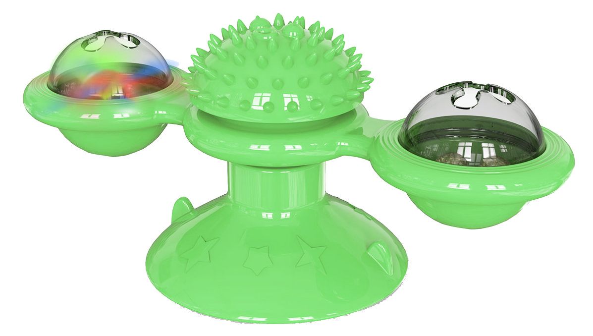 Green pet toy with multiple compartments on a white background
