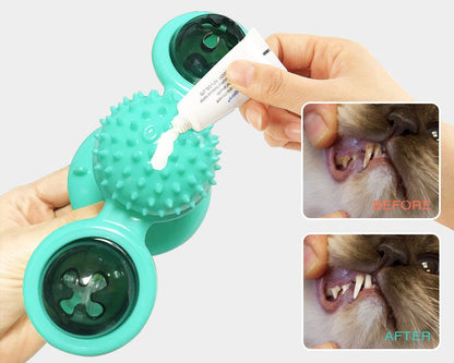 Teal pet dental cleaning device with a hand applying a white substance to it, before and after images of a dog's mouth.