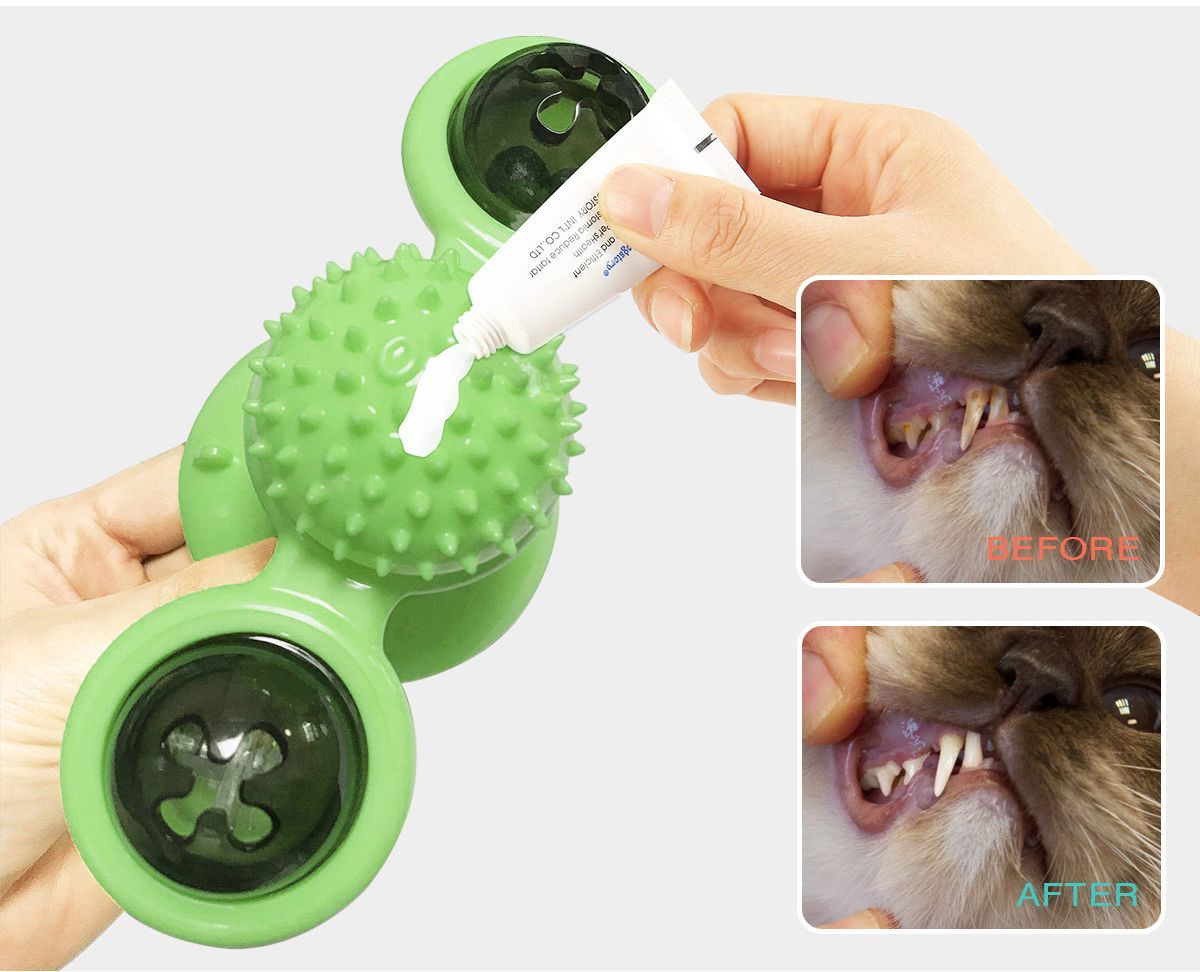 Green pet dental tool with a tube of dental gel, showing before and after effects on a dog's teeth.