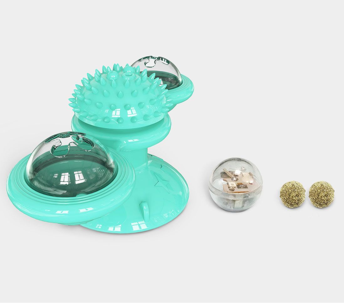 Turquoise pet toy with a transparent ball and small round objects on a light gray background