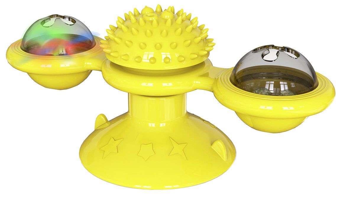Yellow pet toy with multiple compartments on a white background