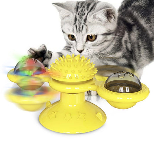 Cat playing with a yellow rotating toy
