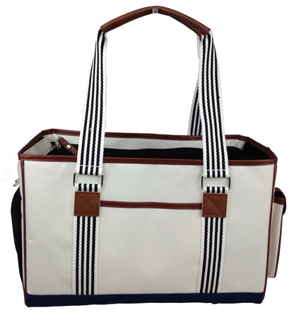 White tote bag with striped handles and brown accents on a white background