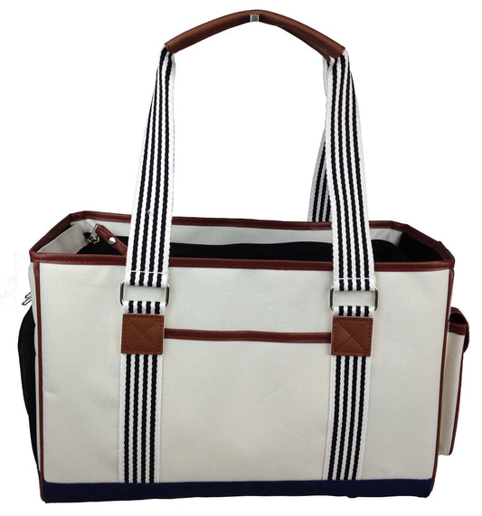 White tote bag with striped handles and brown accents on a white background