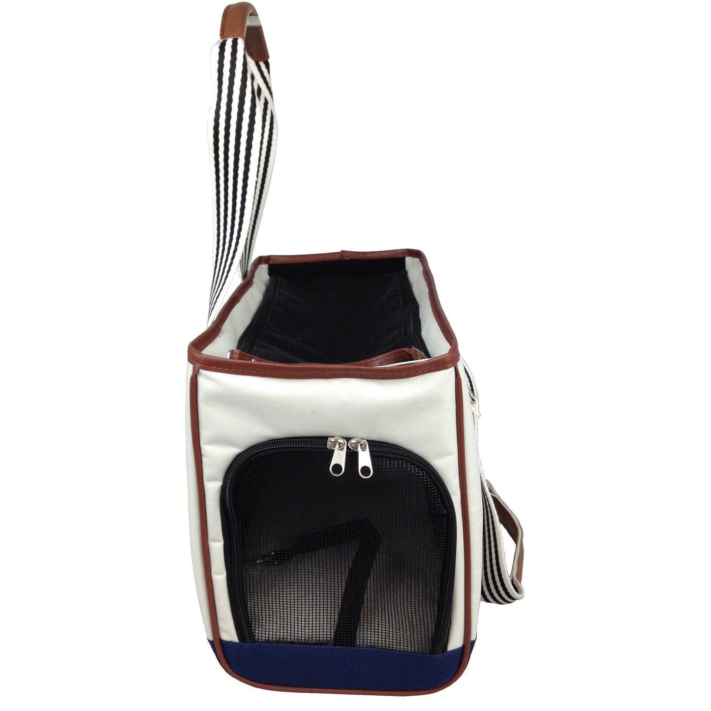 Pet carrier with zipped compartments on a white background