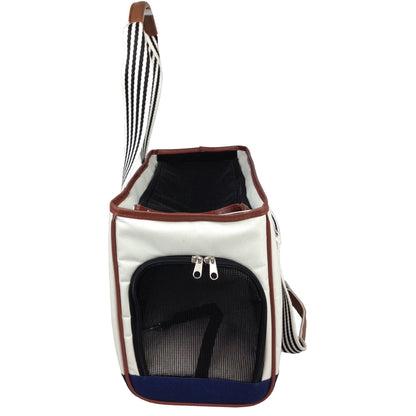 Pet carrier with zipped compartments on a white background
