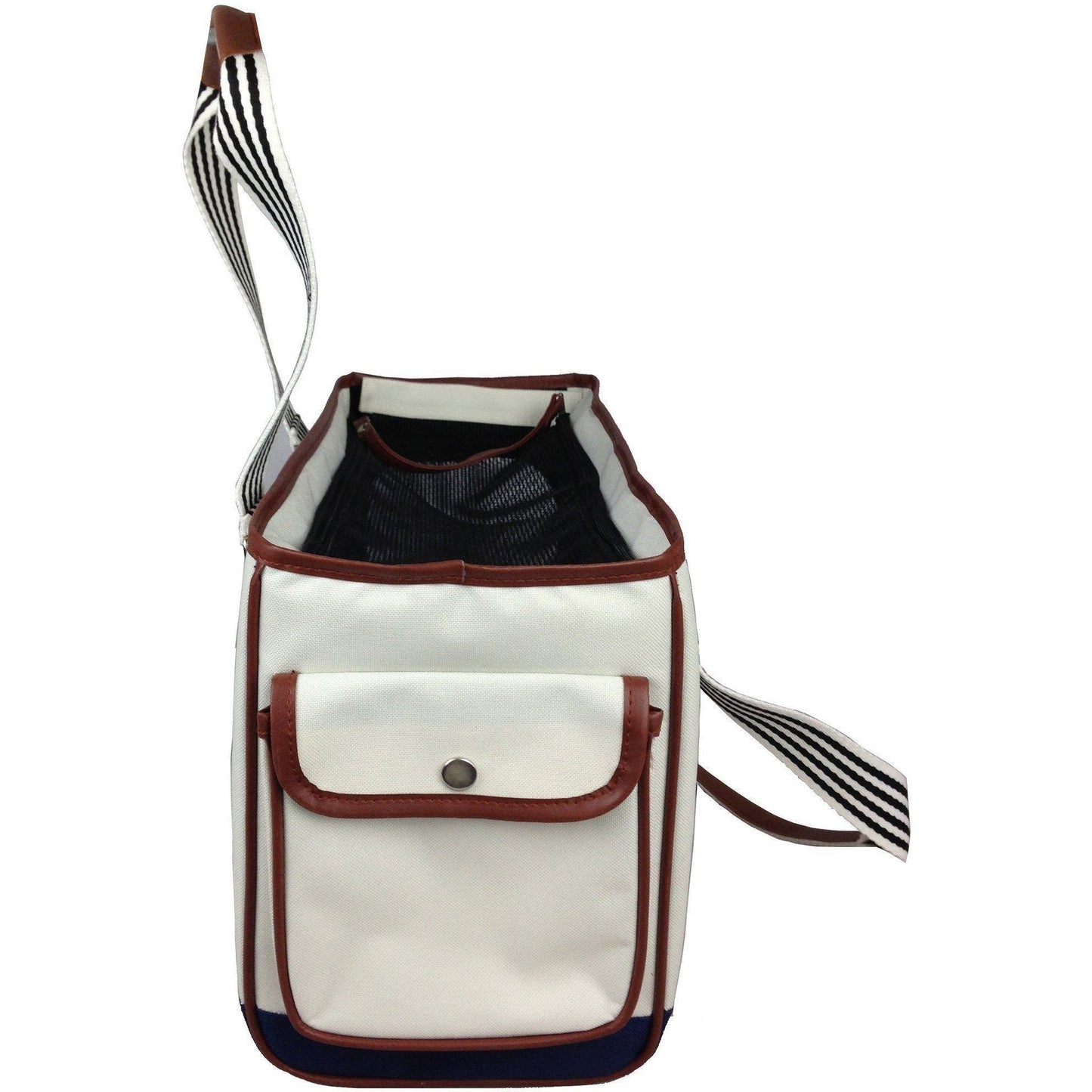 White tote bag with brown accents and a zebra-striped handle on a white background