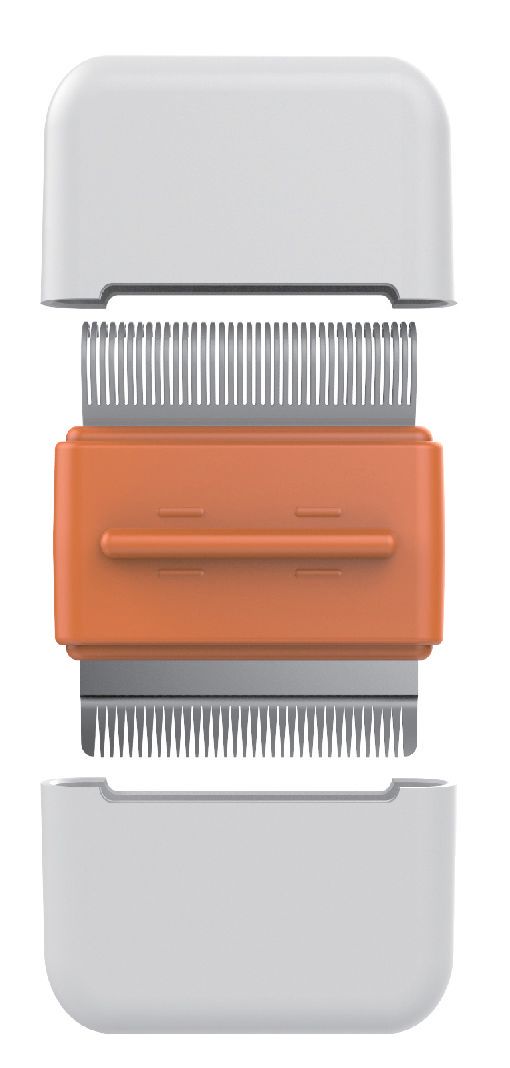 Grooming tool with orange and gray components on a white background