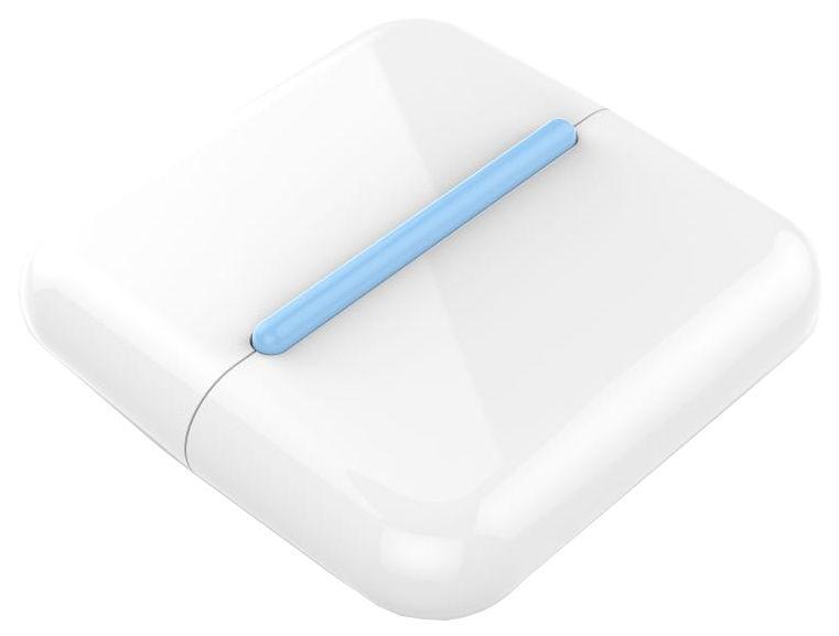 White electronic device with a blue light on a white background