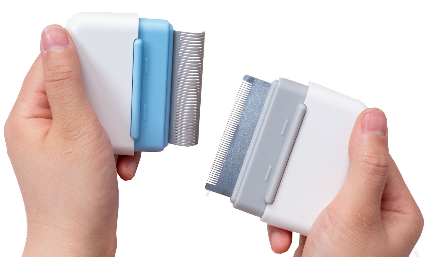 Two hands holding a white and blue pet grooming tool with metal comb on a white background