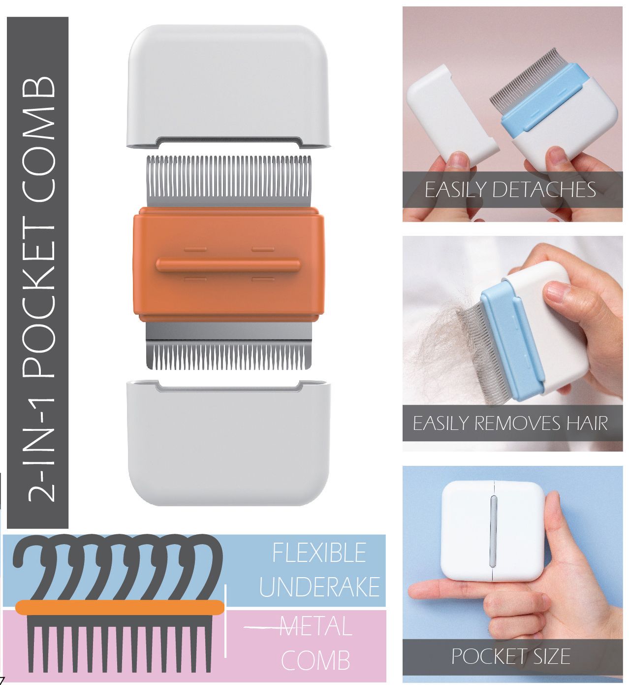 2-in-1 pocket comb with text highlighting features on a white background