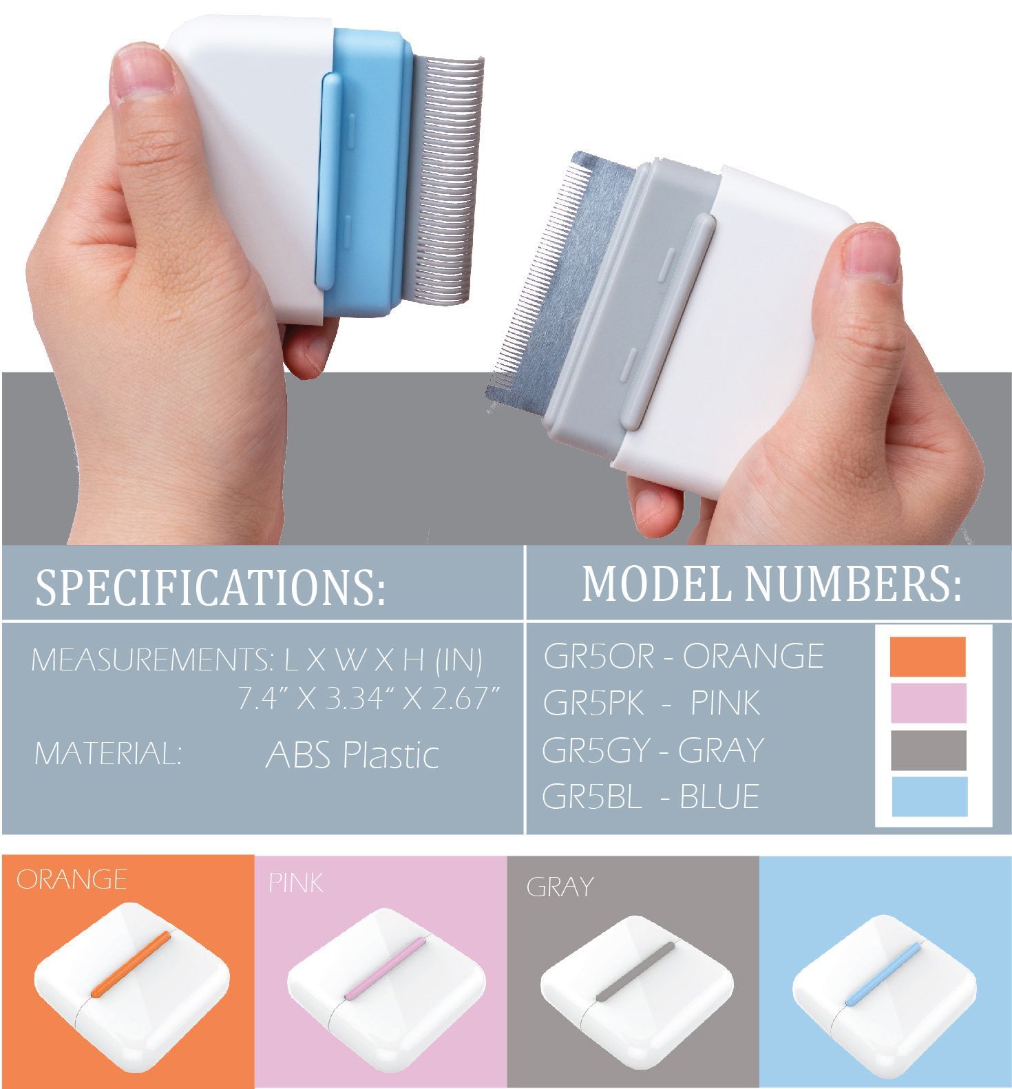 Two hands holding a white hair removal device with blue and gray attachments, specifications and model numbers displayed.