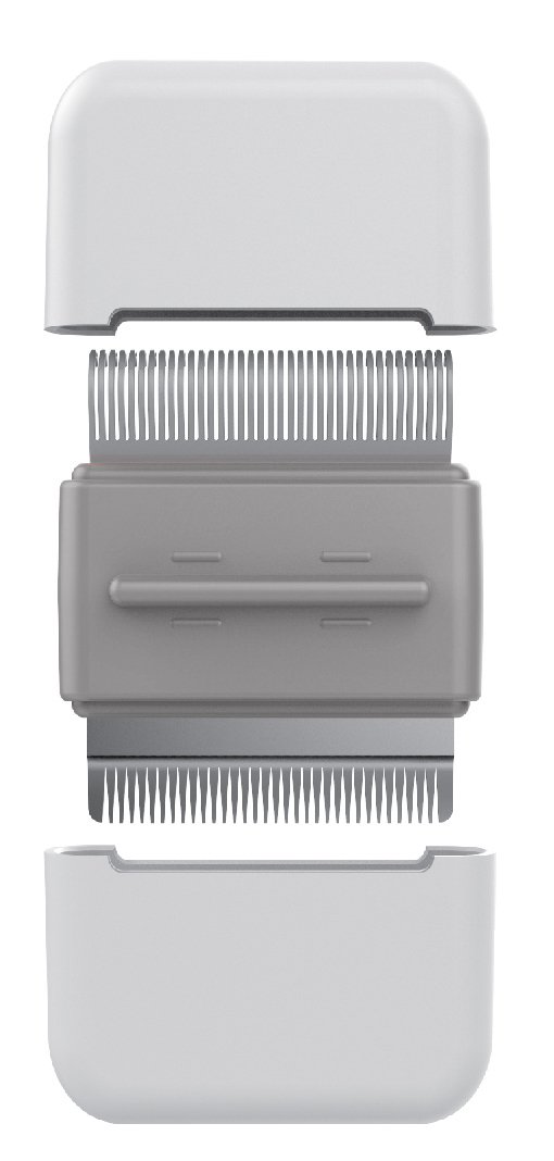 Gray grooming tool with comb and clip on a white background