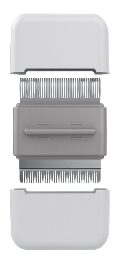 Gray grooming tool with comb and clip on a white background