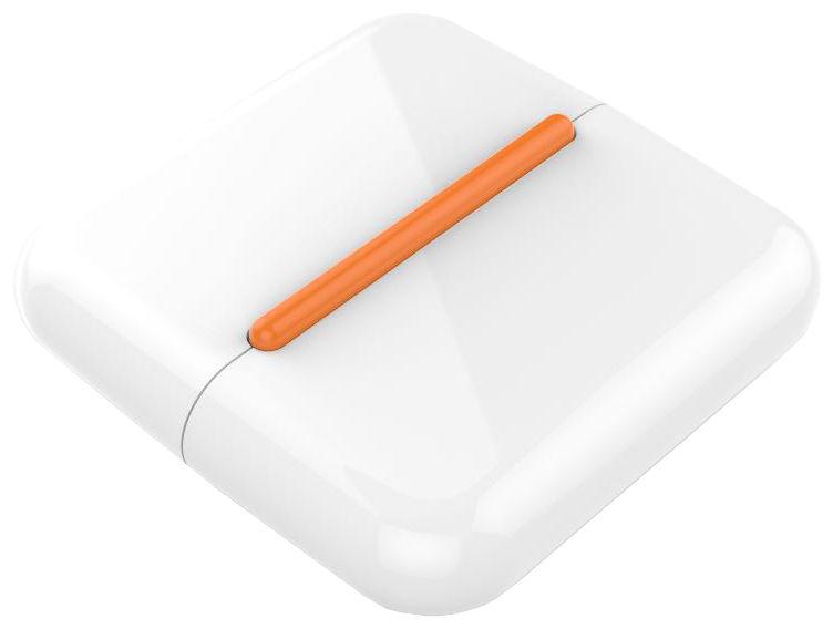White electronic device with an orange accent on a white background