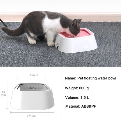 Cat drinking from a pet floating water bowl on a textured surface.