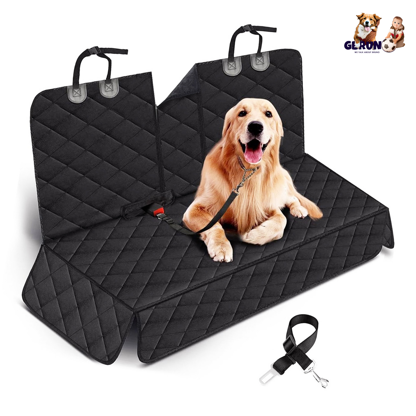 Black quilted car seat cover with a dog sitting on it, featuring a leash attachment.