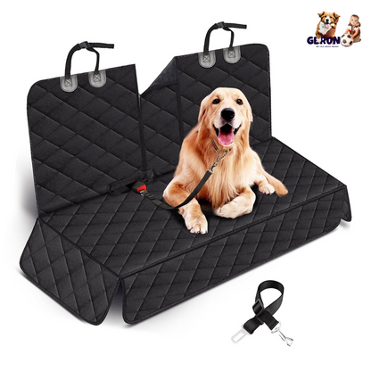 Black quilted car seat cover with a dog sitting on it, featuring a leash attachment.